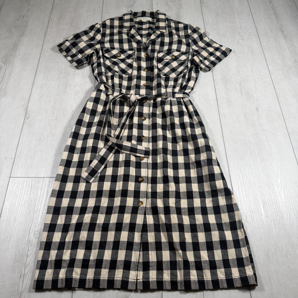 Trovata Birds of Paradis Black Checkered Cotton Shirt Dress Size Small
